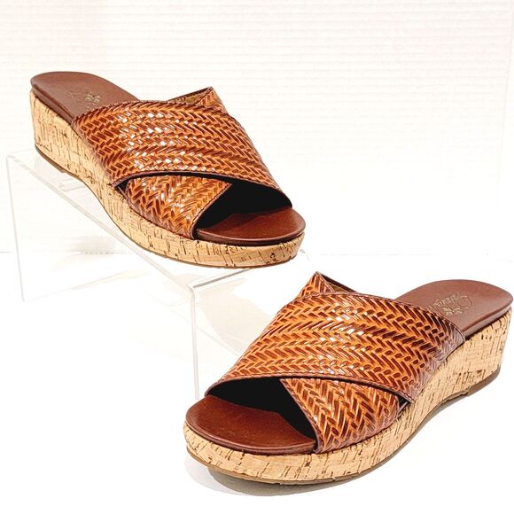Patricia Nash Sandals Womens Size 8.5 M Luca Leather Slide Wedge Cognac Heels - Picture 2 of 16